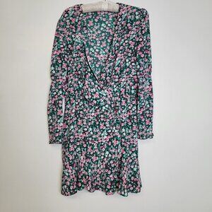 ZARA Pink Rose Floral V-neck Ruffle Long Sleeves Dress Size Large